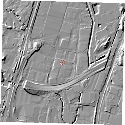 Shaded relief map of the ground around N183AG, computed from Environment Agency LiDAR. The ground here sits at about 10 m above sea level and falls 16 m across the surrounding 800 m. Surface water reaching this point runs off ground lying to the east, 3.4 m higher.