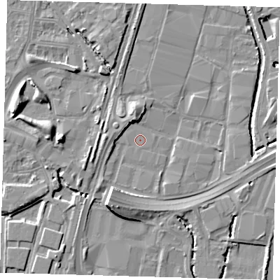 Shaded relief map of the ground around N183AH, computed from Environment Agency LiDAR. The ground here sits at about 10 m above sea level and falls 16 m across the surrounding 800 m. The ground contributing surface water to this point lies to the west-south-west.