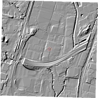 Shaded relief map of the ground around N183AJ, computed from Environment Agency LiDAR. The ground here sits at about 11 m above sea level and falls 16 m across the surrounding 800 m. The ground contributing surface water to this point lies to the north-west.