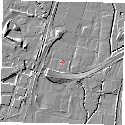 Shaded relief map of the ground around N183AL, computed from Environment Agency LiDAR. The ground here sits at about 10 m above sea level and falls 16 m across the surrounding 800 m. Surface water reaching this point runs off ground lying to the south-west, 8.5 m higher.
