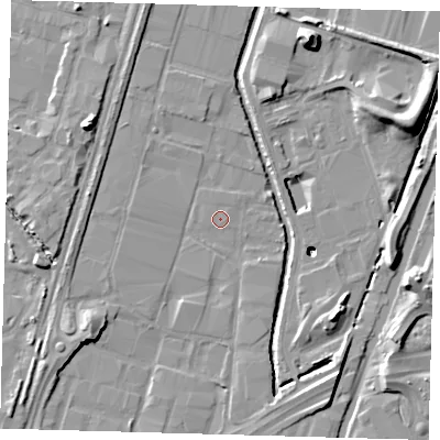 Shaded relief map of the ground around N183AT, computed from Environment Agency LiDAR. The ground here sits at about 11 m above sea level and falls 22 m across the surrounding 800 m. The ground contributing surface water to this point lies to the east-south-east.