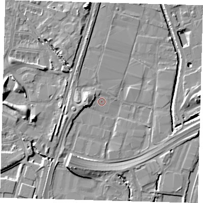 Shaded relief map of the ground around N183AY, computed from Environment Agency LiDAR. The ground here sits at about 10 m above sea level and falls 16 m across the surrounding 800 m. Surface water reaching this point runs off ground lying to the west, 5.0 m higher.
