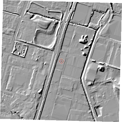 Shaded relief map of the ground around N183BA, computed from Environment Agency LiDAR. The ground here sits at about 11 m above sea level and falls 15 m across the surrounding 800 m. Surface water reaching this point runs off ground lying to the west-north-west, 1.9 m higher.
