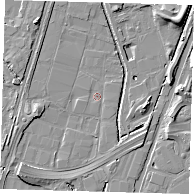 Shaded relief map of the ground around N183BB, computed from Environment Agency LiDAR. The ground here sits at about 10 m above sea level and falls 17 m across the surrounding 800 m. Surface water reaching this point runs off ground lying to the north-east, 1.0 m higher.