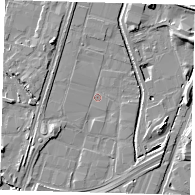 Shaded relief map of the ground around N183BD, computed from Environment Agency LiDAR. The ground here sits at about 10 m above sea level and falls 22 m across the surrounding 800 m. Surface water reaching this point runs off ground lying to the south-south-west, 7.5 m higher.