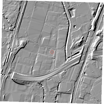 Shaded relief map of the ground around N183BF, computed from Environment Agency LiDAR. The ground here sits at about 10 m above sea level and falls 16 m across the surrounding 800 m. Surface water reaching this point runs off ground lying to the east-south-east, 3.4 m higher.