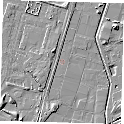 Shaded relief map of the ground around N183BH, computed from Environment Agency LiDAR. The ground here sits at about 11 m above sea level and falls 22 m across the surrounding 800 m. Surface water reaching this point runs off ground lying to the south-west, 2.4 m higher.