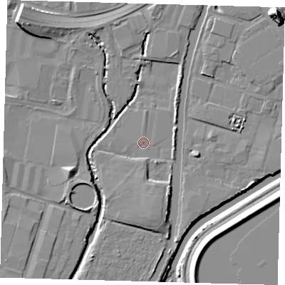 Shaded relief map of the ground around N183BY, computed from Environment Agency LiDAR. The ground here sits at about 10 m above sea level and falls 15 m across the surrounding 800 m. Surface water reaching this point runs off ground lying to the south-south-east, 4.1 m higher.