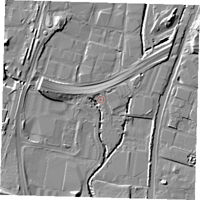 Shaded relief map of the ground around N183BZ, computed from Environment Agency LiDAR. The ground here sits at about 11 m above sea level and falls 10 m across the surrounding 800 m. Surface water reaching this point runs off ground lying to the west-north-west, 3.6 m higher.