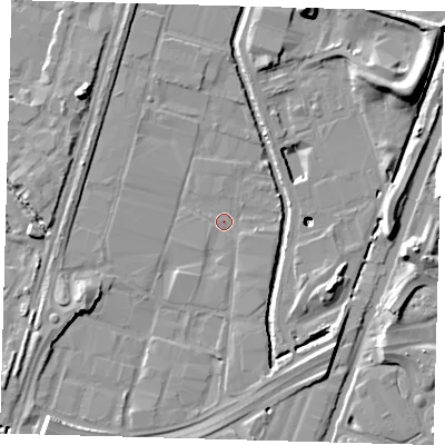 Shaded relief map of the ground around N183DB, computed from Environment Agency LiDAR. The ground here sits at about 10 m above sea level and falls 21 m across the surrounding 800 m. Surface water reaching this point runs off ground lying to the south-west, 7.8 m higher.