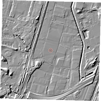 Shaded relief map of the ground around N183DJ, computed from Environment Agency LiDAR. The ground here sits at about 11 m above sea level and falls 16 m across the surrounding 800 m. Surface water reaching this point runs off ground lying to the west, 0.6 m higher.