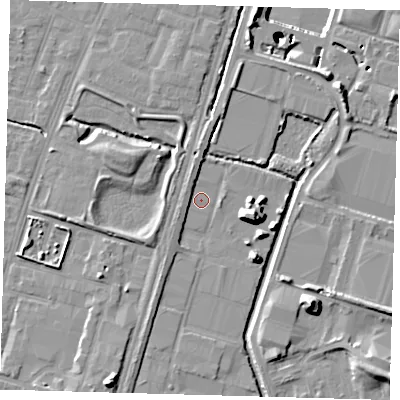 Shaded relief map of the ground around N183DW, computed from Environment Agency LiDAR. The ground here sits at about 11 m above sea level and falls 30 m across the surrounding 800 m. Surface water reaching this point runs off ground lying to the north-north-west, 2.6 m higher.