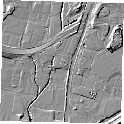 Shaded relief map of the ground around N183HA, computed from Environment Agency LiDAR. The ground here sits at about 11 m above sea level and falls 14 m across the surrounding 800 m. The ground contributing surface water to this point lies to the south.
