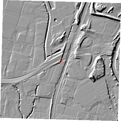 Shaded relief map of the ground around N183HD, computed from Environment Agency LiDAR. The ground here sits at about 13 m above sea level and falls 20 m across the surrounding 800 m. Surface water reaching this point runs off ground lying to the north-north-east, 4.0 m higher.