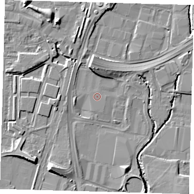 Shaded relief map of the ground around N183HF, computed from Environment Agency LiDAR. The ground here sits at about 11 m above sea level and falls 10 m across the surrounding 800 m. The ground contributing surface water to this point lies to the south-south-west.