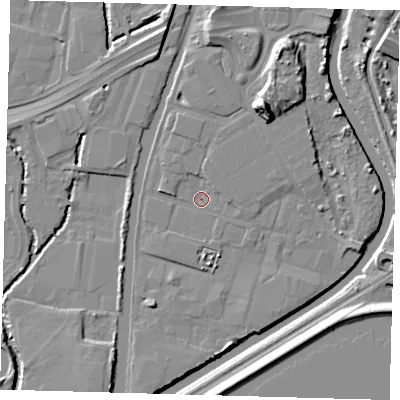 Shaded relief map of the ground around N183HR, computed from Environment Agency LiDAR. The ground here sits at about 10 m above sea level and falls 14 m across the surrounding 800 m. Surface water reaching this point runs off ground lying to the north, 1.6 m higher.