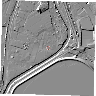 Shaded relief map of the ground around N183HT, computed from Environment Agency LiDAR. The ground here sits at about 10 m above sea level and falls 14 m across the surrounding 800 m. Surface water reaching this point runs off ground lying to the south-south-west, 1.2 m higher.