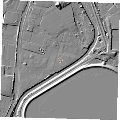 Shaded relief map of the ground around N183HU, computed from Environment Agency LiDAR. The ground here sits at about 11 m above sea level and falls 15 m across the surrounding 800 m. The ground contributing surface water to this point lies to the south-south-east.