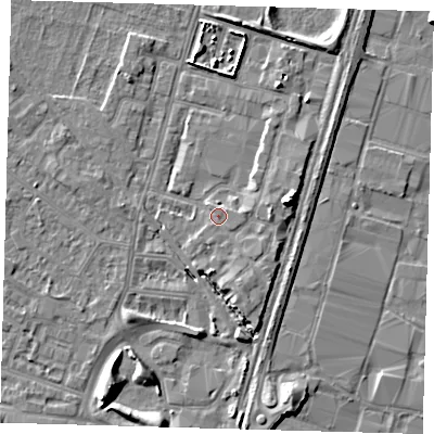 Shaded relief map of the ground around N183PA, computed from Environment Agency LiDAR. The ground here sits at about 12 m above sea level and falls 9 m across the surrounding 800 m. Surface water reaching this point runs off ground lying to the east, 2.7 m higher.
