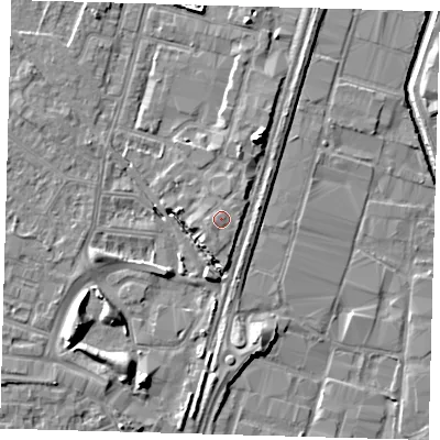 Shaded relief map of the ground around N183PD, computed from Environment Agency LiDAR. The ground here sits at about 13 m above sea level and falls 10 m across the surrounding 800 m. Surface water reaching this point runs off ground lying to the west-south-west, 0.6 m higher.