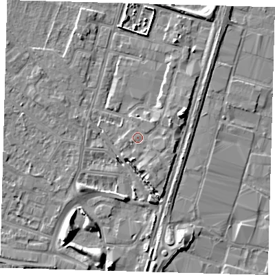Shaded relief map of the ground around N183PH, computed from Environment Agency LiDAR. The ground here sits at about 12 m above sea level and falls 9 m across the surrounding 800 m. Surface water reaching this point runs off ground lying to the east-north-east, 2.2 m higher.