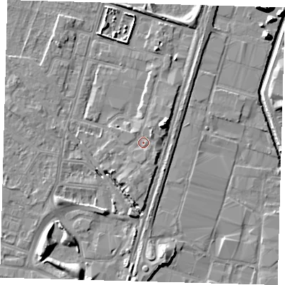 Shaded relief map of the ground around N183PL, computed from Environment Agency LiDAR. The ground here sits at about 13 m above sea level and falls 10 m across the surrounding 800 m. Surface water reaching this point runs off ground lying to the north-east, 1.7 m higher.