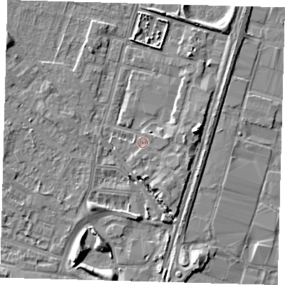Shaded relief map of the ground around N183PN, computed from Environment Agency LiDAR. The ground here sits at about 12 m above sea level and falls 9 m across the surrounding 800 m. Surface water reaching this point runs off ground lying to the east, 2.8 m higher.