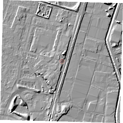 Shaded relief map of the ground around N183PP, computed from Environment Agency LiDAR. The ground here sits at about 13 m above sea level and falls 10 m across the surrounding 800 m. Surface water reaching this point runs off ground lying to the north-north-east, 6.7 m higher.