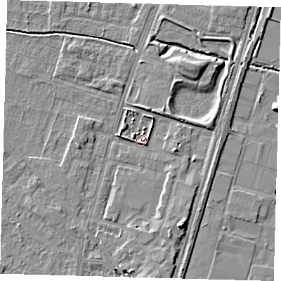 Shaded relief map of the ground around N183PR, computed from Environment Agency LiDAR. The ground here sits at about 12 m above sea level and falls 9 m across the surrounding 800 m. Surface water reaching this point runs off ground lying to the south-south-east, 7.9 m higher.
