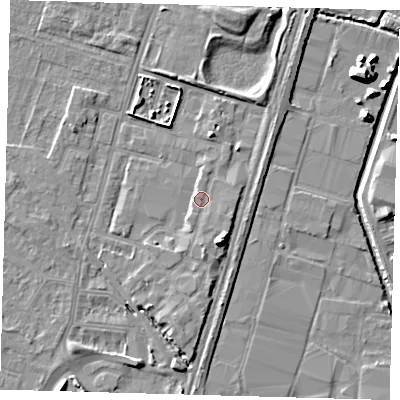 Shaded relief map of the ground around N183PS, computed from Environment Agency LiDAR. The ground here sits at about 13 m above sea level and falls 10 m across the surrounding 800 m. Surface water reaching this point runs off ground lying to the south-south-east, 6.1 m higher.