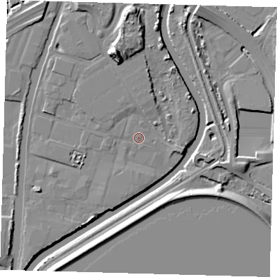Shaded relief map of the ground around N183QB, computed from Environment Agency LiDAR. The ground here sits at about 11 m above sea level and falls 14 m across the surrounding 800 m. The ground contributing surface water to this point lies to the west-north-west.