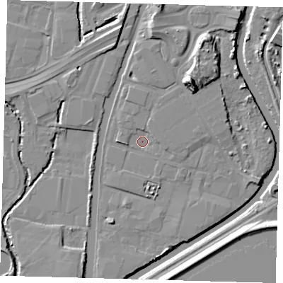 Shaded relief map of the ground around N183QH, computed from Environment Agency LiDAR. The ground here sits at about 10 m above sea level and falls 14 m across the surrounding 800 m. Surface water reaching this point runs off ground lying to the north, 1.6 m higher.
