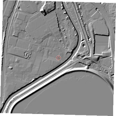 Shaded relief map of the ground around N183QL, computed from Environment Agency LiDAR. The ground here sits at about 10 m above sea level and falls 14 m across the surrounding 800 m. Surface water reaching this point runs off ground lying to the west-south-west, 1.3 m higher.