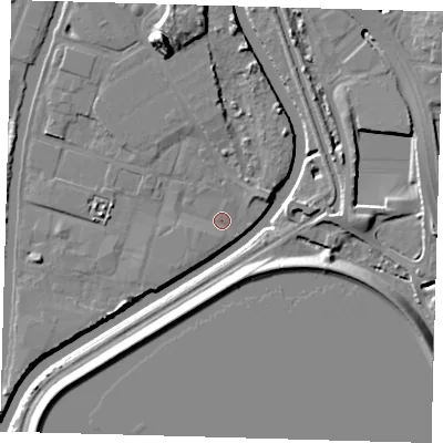 Shaded relief map of the ground around N183QQ, computed from Environment Agency LiDAR. The ground here sits at about 10 m above sea level and falls 14 m across the surrounding 800 m. Surface water reaching this point runs off ground lying to the west-south-west, 1.3 m higher.