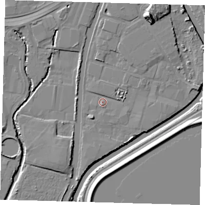 Shaded relief map of the ground around N183QT, computed from Environment Agency LiDAR. The ground here sits at about 11 m above sea level and falls 15 m across the surrounding 800 m. Surface water reaching this point runs off ground lying to the east-north-east, 2.5 m higher.