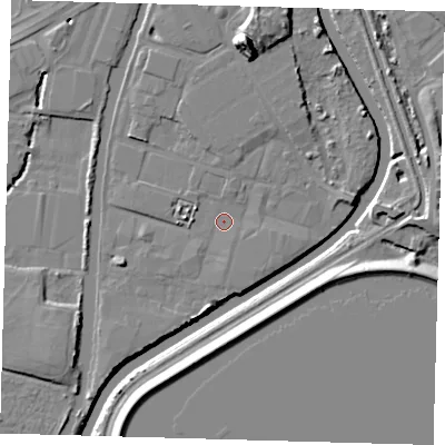 Shaded relief map of the ground around N183QW, computed from Environment Agency LiDAR. The ground here sits at about 10 m above sea level and falls 14 m across the surrounding 800 m. Surface water reaching this point runs off ground lying to the north, 1.3 m higher.