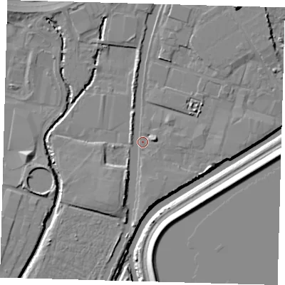 Shaded relief map of the ground around N183QX, computed from Environment Agency LiDAR. The ground here sits at about 10 m above sea level and falls 11 m across the surrounding 800 m. Surface water reaching this point runs off ground lying to the east-south-east, 3.1 m higher.