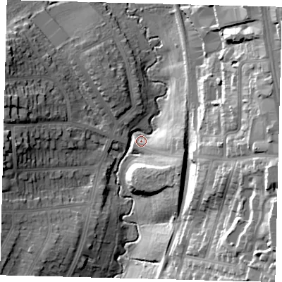 Shaded relief map of the ground around N208QG, computed from Environment Agency LiDAR. The ground here sits at about 68 m above sea level and falls 31 m across the surrounding 800 m. Surface water reaching this point runs off ground lying to the north-east, 29.2 m higher.
