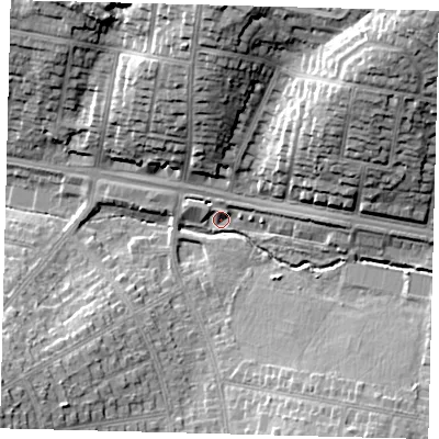 Shaded relief map of the ground around N20EE, computed from Environment Agency LiDAR. The ground here sits at about 63 m above sea level and falls 30 m across the surrounding 800 m. Surface water reaching this point runs off ground lying to the south-east, 9.0 m higher.