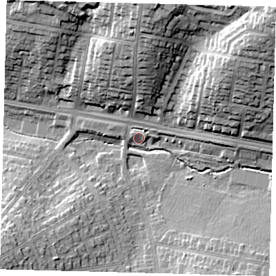 Shaded relief map of the ground around N20EF, computed from Environment Agency LiDAR. The ground here sits at about 64 m above sea level and falls 29 m across the surrounding 800 m. Surface water reaching this point runs off ground lying to the south-east, 8.1 m higher.