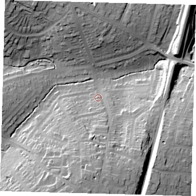 Shaded relief map of the ground around N211AJ, computed from Environment Agency LiDAR. The ground here sits at about 35 m above sea level and falls 31 m across the surrounding 800 m. Surface water reaching this point runs off ground lying to the south, 29.9 m higher.