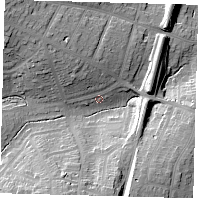 Shaded relief map of the ground around N211AN, computed from Environment Agency LiDAR. The ground here sits at about 32 m above sea level and falls 28 m across the surrounding 800 m. Surface water reaching this point runs off ground lying to the south-south-west, 25.6 m higher.