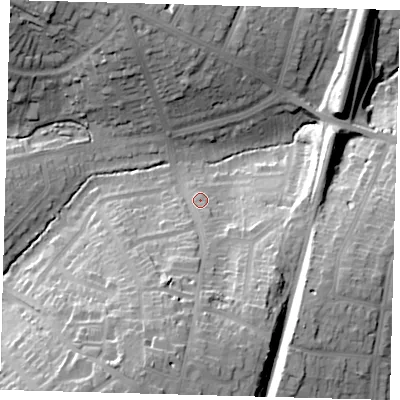 Shaded relief map of the ground around N211AP, computed from Environment Agency LiDAR. The ground here sits at about 35 m above sea level and falls 32 m across the surrounding 800 m. Surface water reaching this point runs off ground lying to the south-south-west, 23.2 m higher.