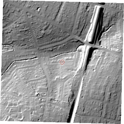 Shaded relief map of the ground around N211AR, computed from Environment Agency LiDAR. The ground here sits at about 33 m above sea level and falls 31 m across the surrounding 800 m. Surface water reaching this point runs off ground lying to the south, 23.8 m higher.