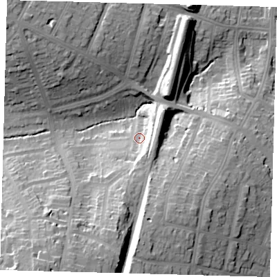 Shaded relief map of the ground around N211AS, computed from Environment Agency LiDAR. The ground here sits at about 34 m above sea level and falls 32 m across the surrounding 800 m. Surface water reaching this point runs off ground lying to the south-south-east, 11.4 m higher.
