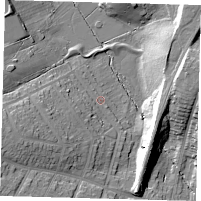Shaded relief map of the ground around N211DD, computed from Environment Agency LiDAR. The ground here sits at about 29 m above sea level and falls 27 m across the surrounding 800 m. Surface water reaching this point runs off ground lying to the west-south-west, 26.1 m higher.