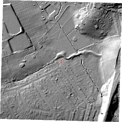 Shaded relief map of the ground around N211DF, computed from Environment Agency LiDAR. The ground here sits at about 27 m above sea level and falls 30 m across the surrounding 800 m. Surface water reaching this point runs off ground lying to the south-west, 29.5 m higher.