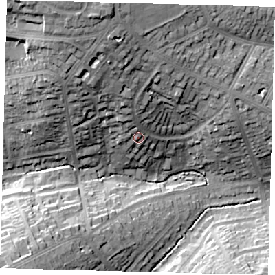 Shaded relief map of the ground around N211EL, computed from Environment Agency LiDAR. The ground here sits at about 43 m above sea level and falls 35 m across the surrounding 800 m. Surface water reaching this point runs off ground lying to the north-north-west, 19.6 m higher.