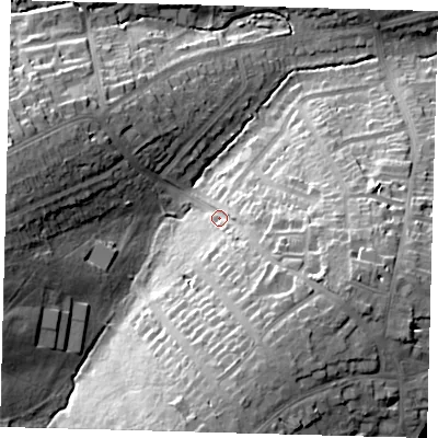 Shaded relief map of the ground around N211JA, computed from Environment Agency LiDAR. The ground here sits at about 41 m above sea level and falls 31 m across the surrounding 800 m. Surface water reaching this point runs off ground lying to the south-south-east, 19.5 m higher.