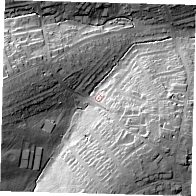 Shaded relief map of the ground around N211LN, computed from Environment Agency LiDAR. The ground here sits at about 38 m above sea level and falls 31 m across the surrounding 800 m. Surface water reaching this point runs off ground lying to the south-east, 11.3 m higher.